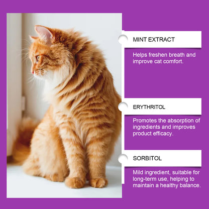 Pet Cat multivitamin supplement with mint extract, erythritol and sorbitol ingredient notes