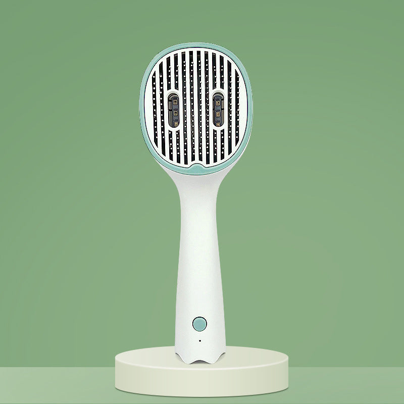 Pet hair remover brush upright view, dark green UVC comb plate on white handle