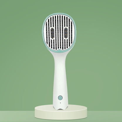Pet hair remover brush upright view, dark green UVC comb plate on white handle