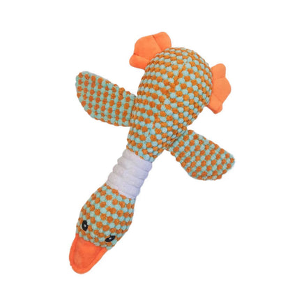 Blue-and-cyan plush dog molar toy with orange ears and leg stripes.