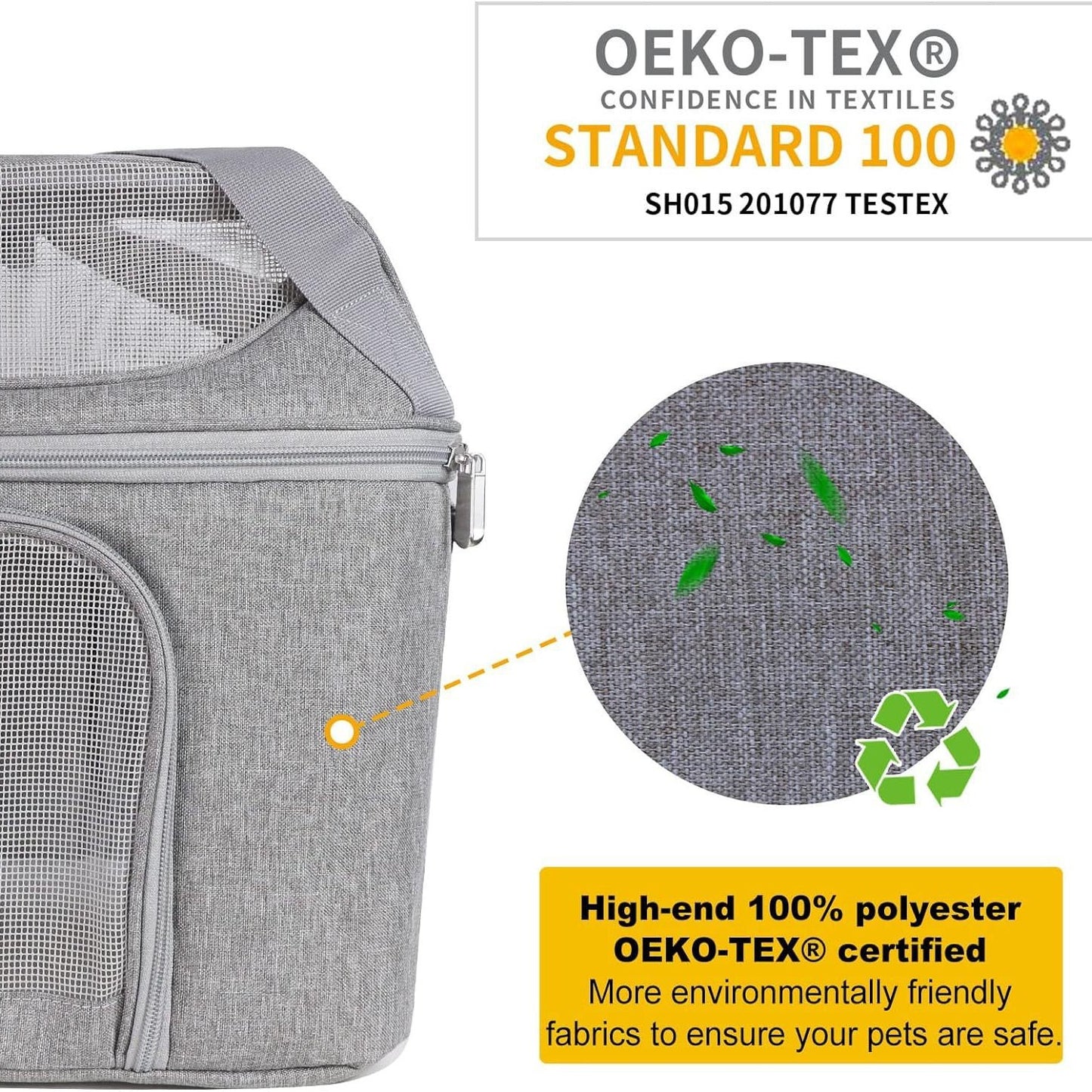Gray pet carrier fabric close-up with OEKO-TEX Standard 100 text and recycling icon