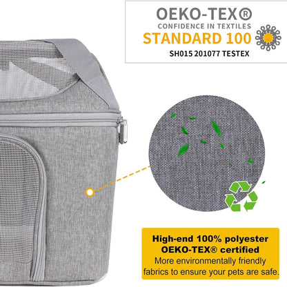 Gray pet carrier fabric close-up with OEKO-TEX Standard 100 text and recycling icon