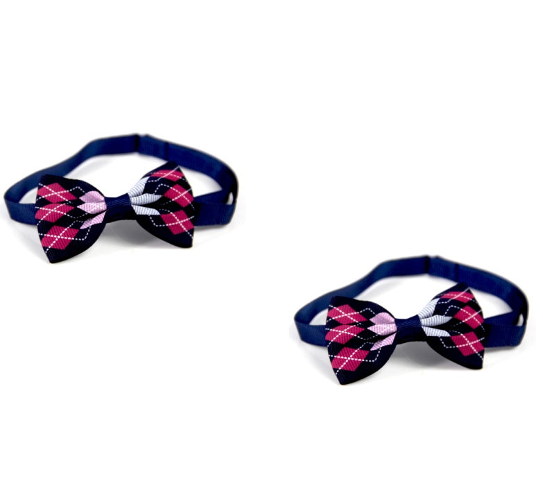 Plaid bow pet scarf accessory with navy strap and pink-white check bow, side view