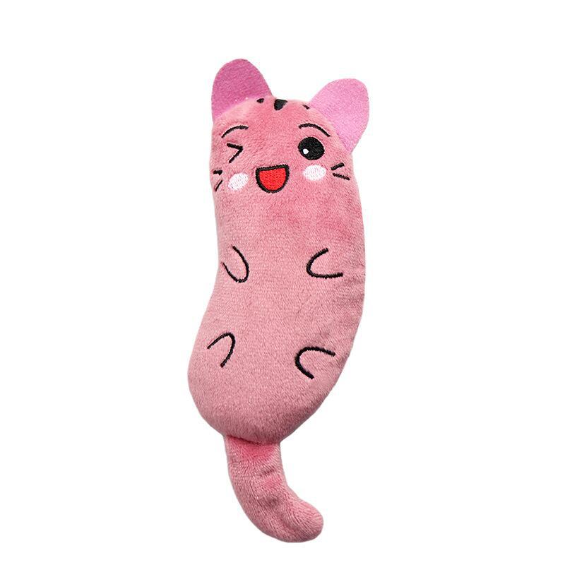 Pink cat plush with long body, smiling embroidered face and closed eyes.