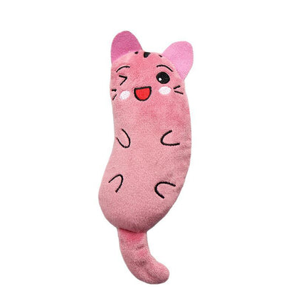 Pink cat plush with long body, smiling embroidered face and closed eyes.