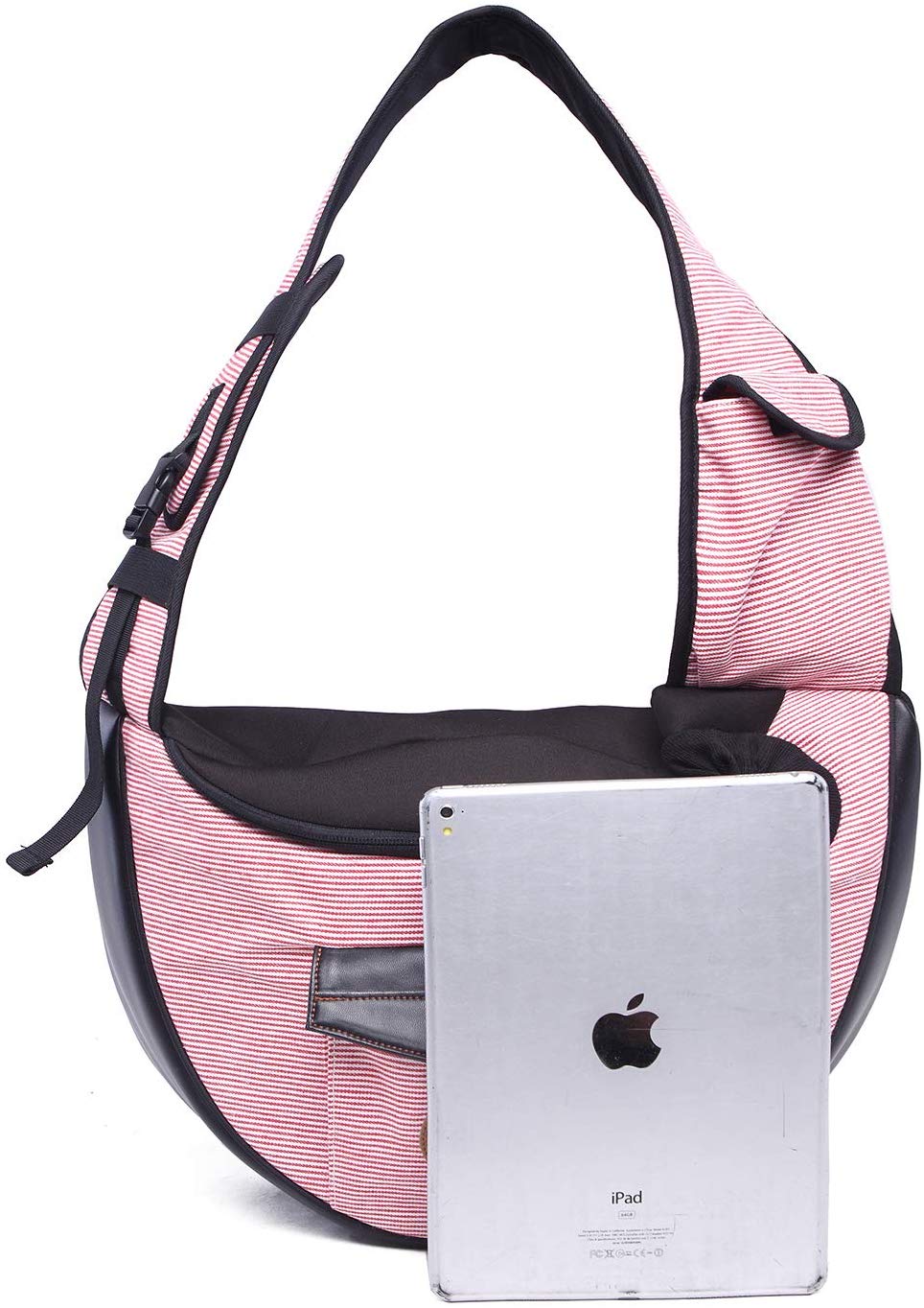 Pink Pet travel bag: front zip pocket with tablet/iPad inside, adjustable shoulder straps