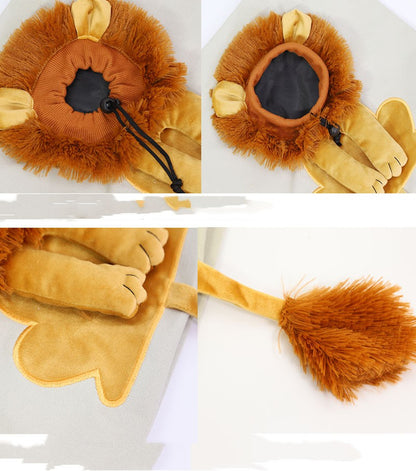 Lion face plush ring detail on pet carrier tote with black drawstring