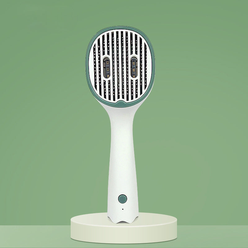 UVC comb brush on stand, white handle with dark green circular sterilizing head