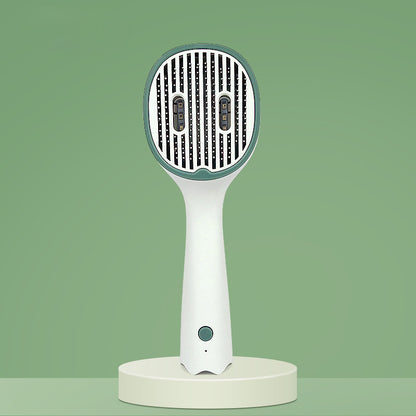 UVC comb brush on stand, white handle with dark green circular sterilizing head