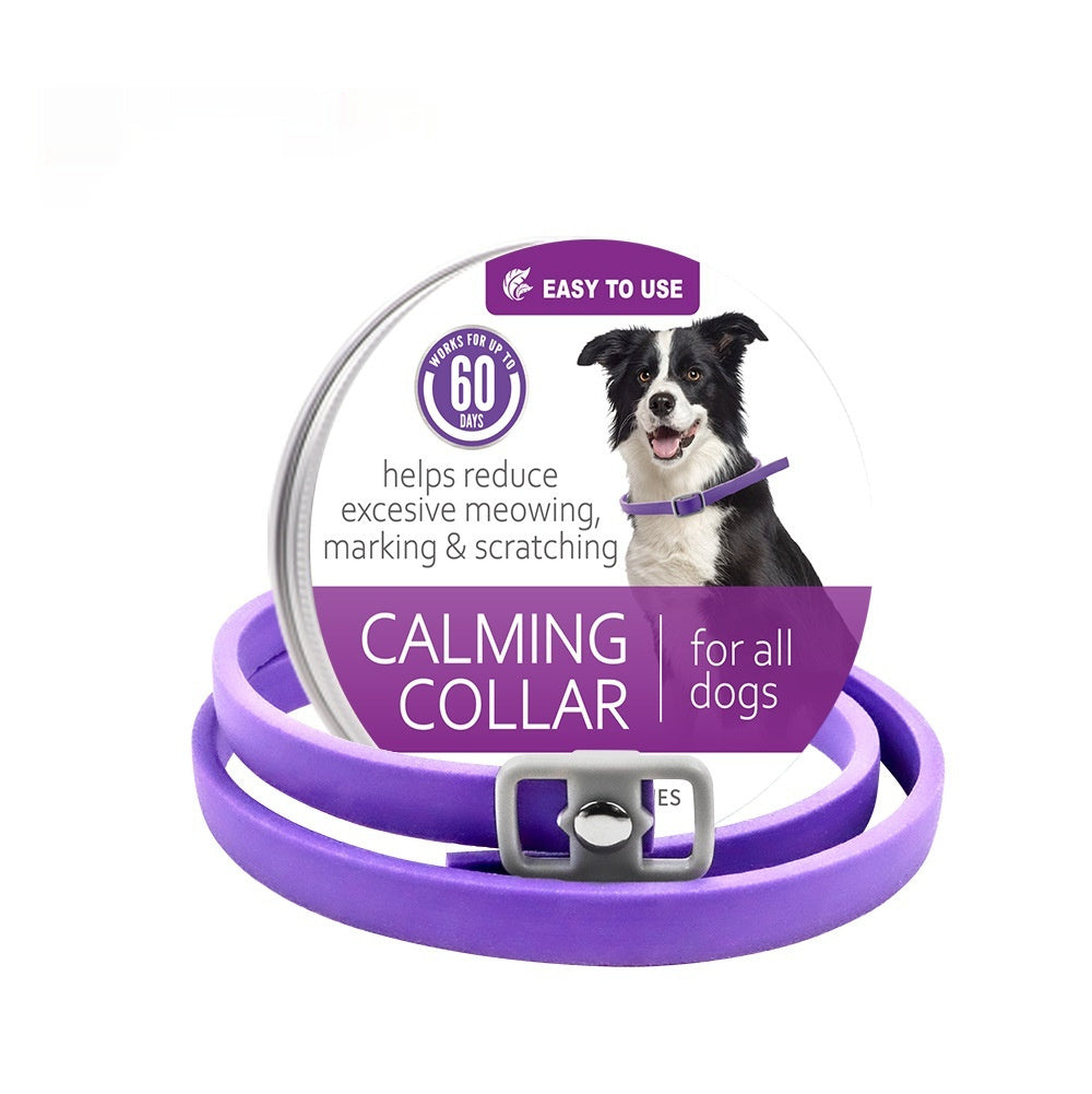Purple calming collar with buckle, dog shown on packaging card