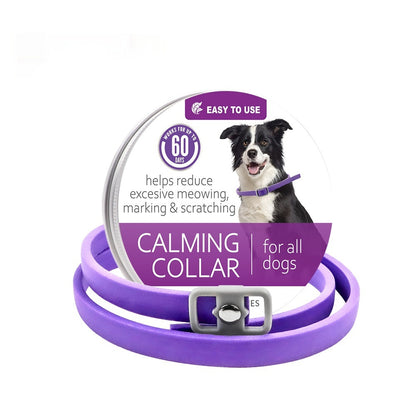 Purple calming collar with buckle, dog shown on packaging card
