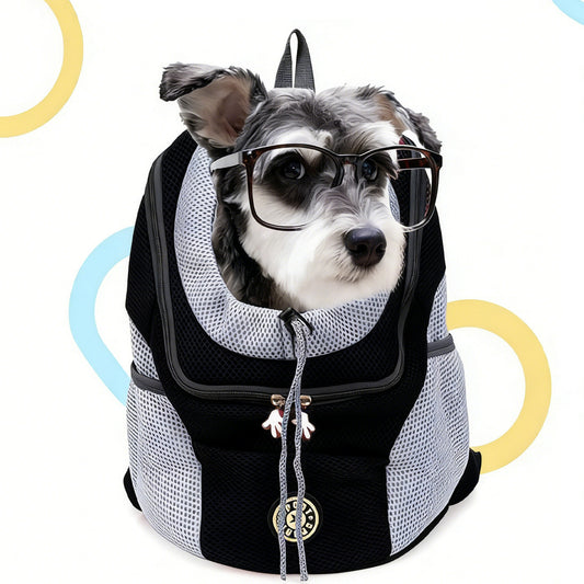 Black-and-white mesh pet dog backpack carrier with front zipper opening and drawstring cord