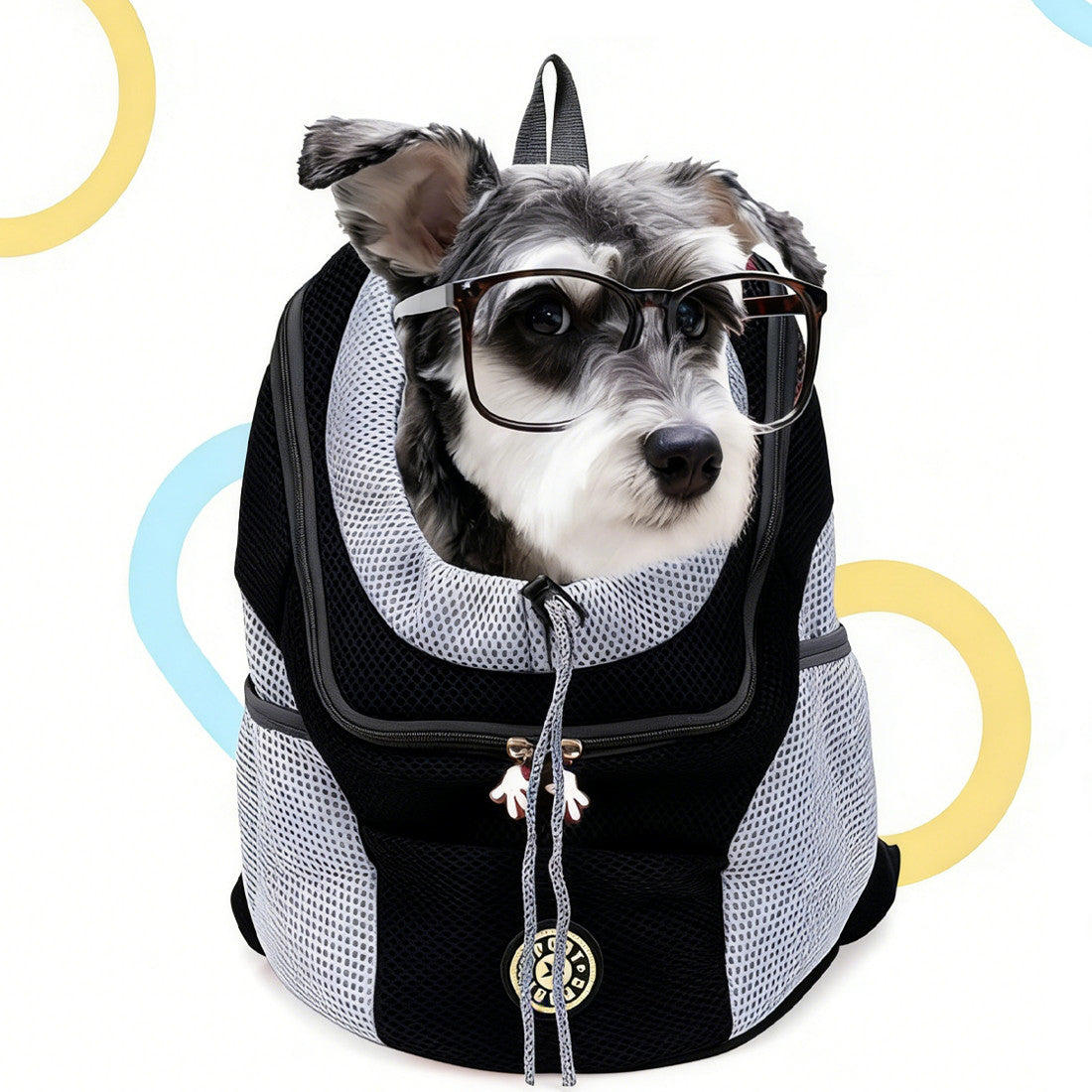 Black and white mesh pet dog carrier backpack front view with top handle and drawstring cord
