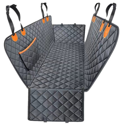 Quilted car rear seat pet mat with attached straps and two orange pocket tabs, dark