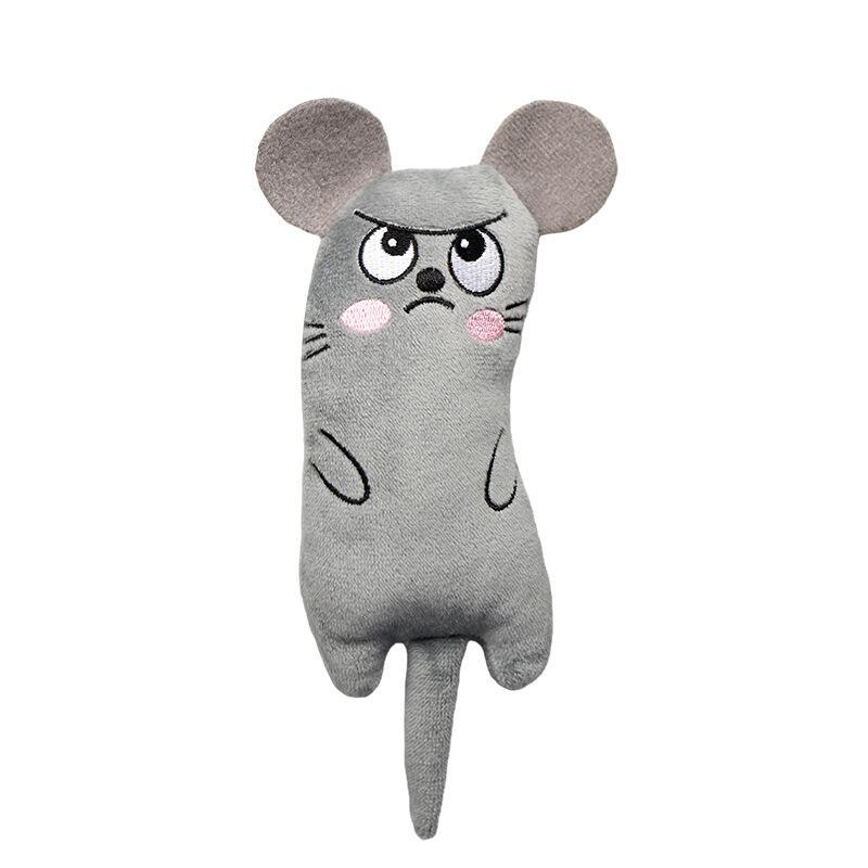 Grey cat plush with sad embroidered face, black nose, and rounded ears.