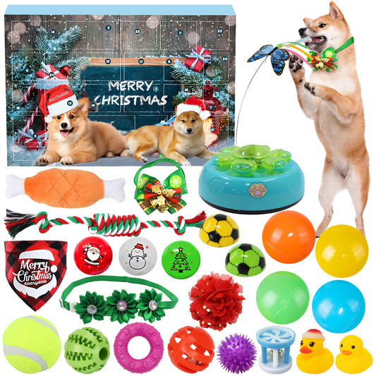 Pet stress-relief toy set: green treat bowl, balls, plush bone and rope