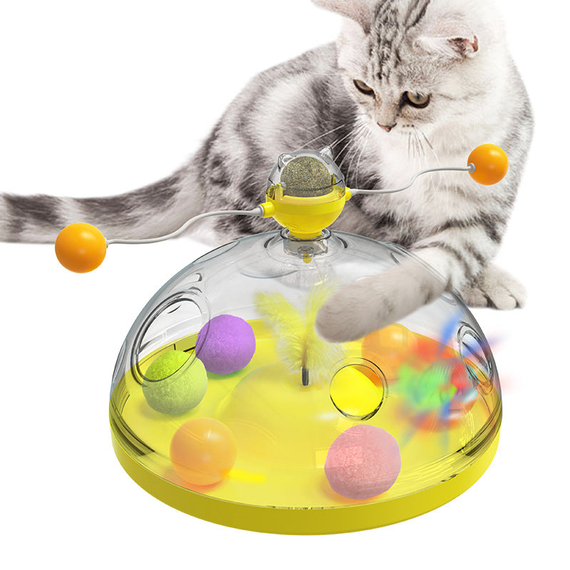 Meows Windmill Katze-Spielzeug, gelber Turntable mit bunten Bällen und Pinwheel
