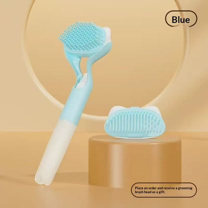 Blue 3-in-1 pet grooming brush with blue bristle head and long handle