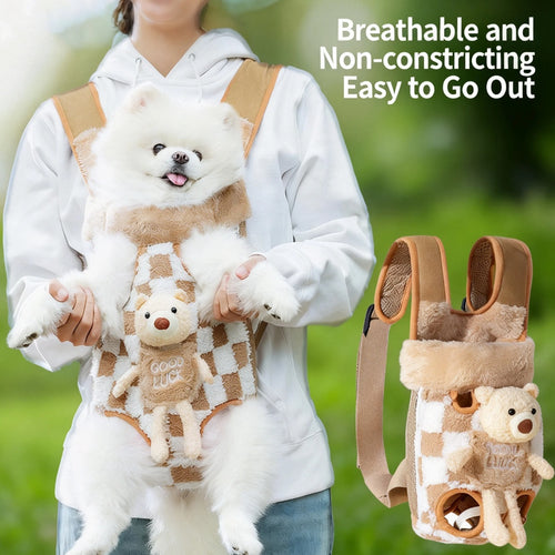 Fleece pet carrier backpack for small dogs, front-facing plush tan with wide leg openings