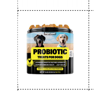 Probiotic dog supplement tub with “PROBIOTIC” label and yellow badge