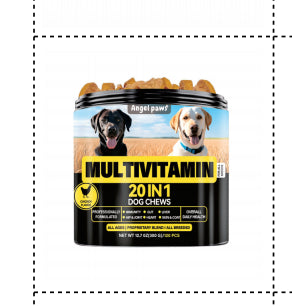 Multivitamin dog supplement tub with yellow “DOG CHEWS” label