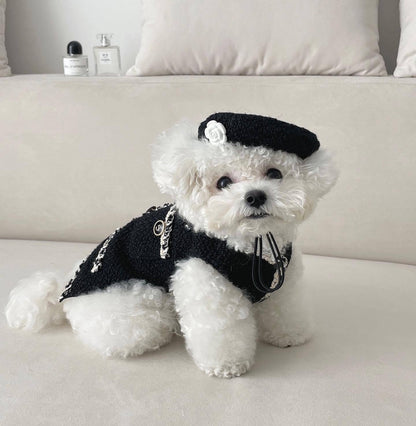 Pet knitted beanie hat, black with white rose detail, for dogs or cats