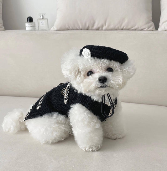 Pet knitted beanie hat, black with white rose detail, for dogs or cats
