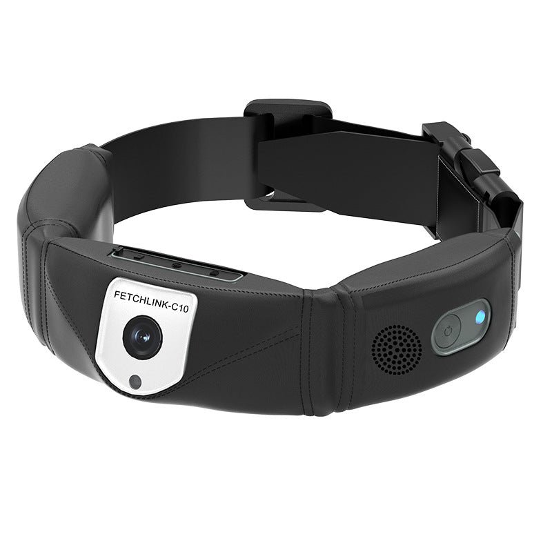 Gray smart pet collar, side view with camera, speaker holes, and power button