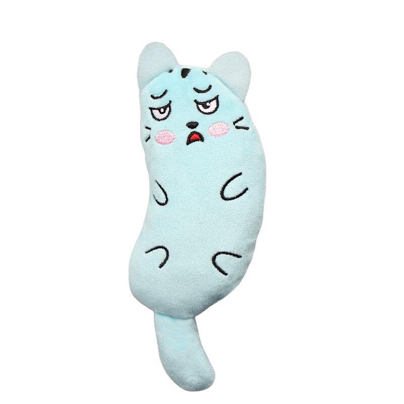 Light blue cat plush with worried embroidered face, rosy cheeks, and ears.