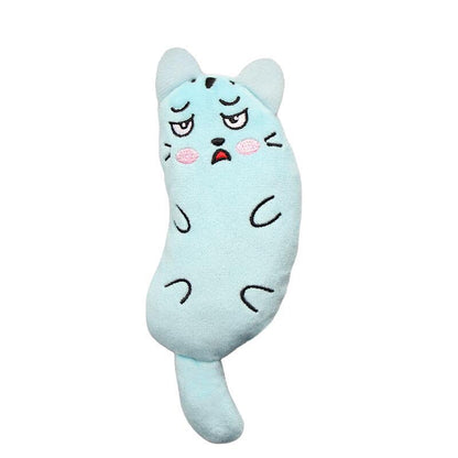 Light blue cat plush with worried embroidered face, rosy cheeks, and ears.
