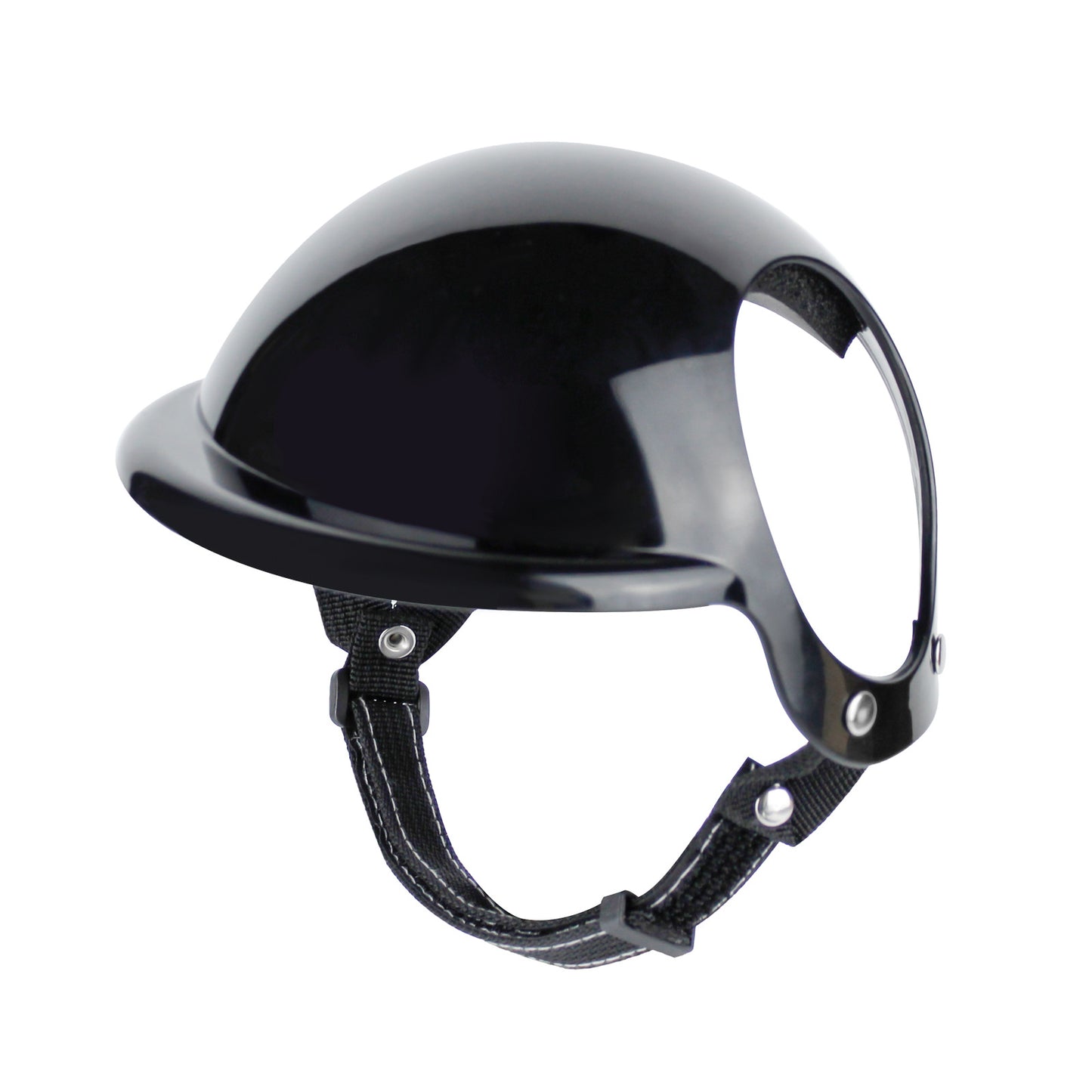 Black pet motorcycle safety helmet with clear face visor and chin strap (side view)
