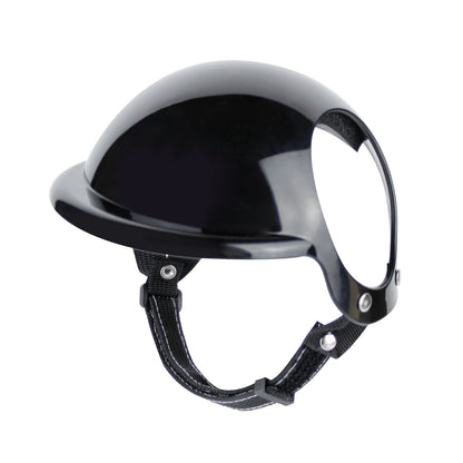 Black pet motorcycle safety helmet with clear face visor and chin strap (side view)