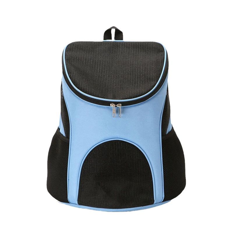 Blue dog backpack carrier with front mesh window, zipper top and padded shoulder straps