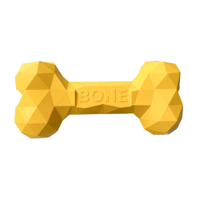 Yellow rubber bone dog toy with raised BONE lettering, faceted grip