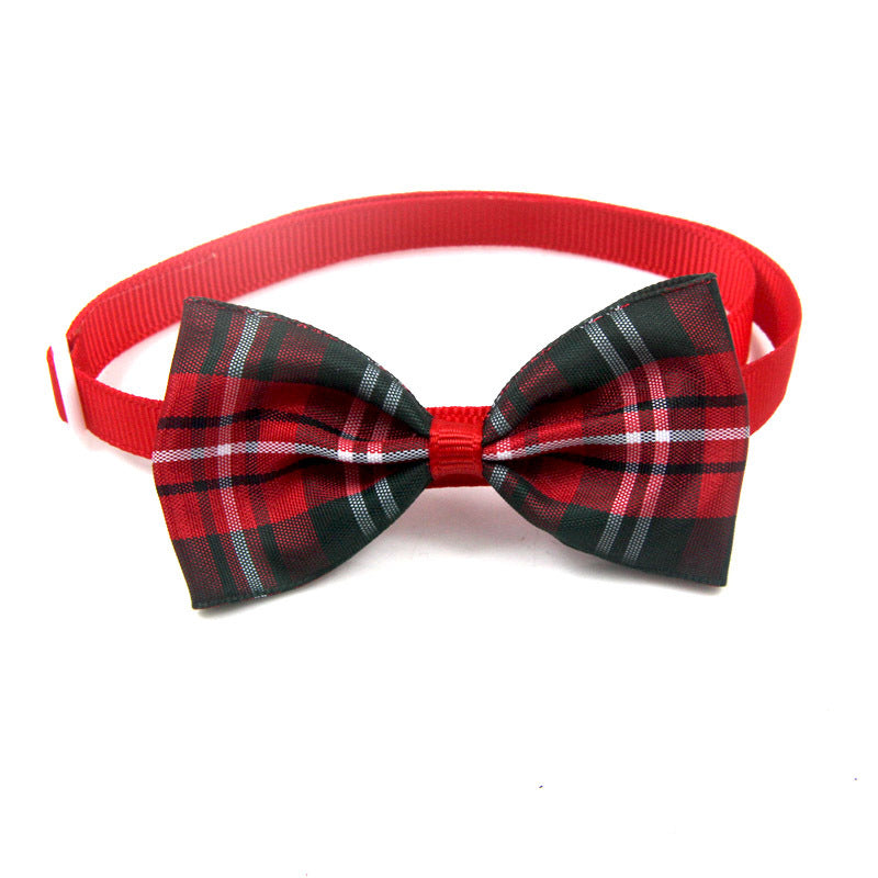 Red elastic pet bow tie scarf with dark green and red tartan plaid