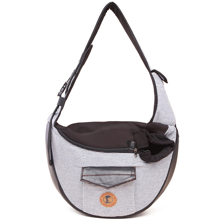 Grey striped pet travel bag with black trim, front pocket and logo badge