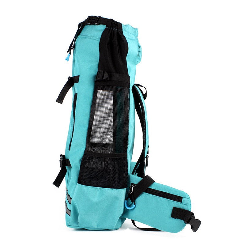 Pet Backpack Breathable Carrier Bag, teal side view with mesh panel and straps