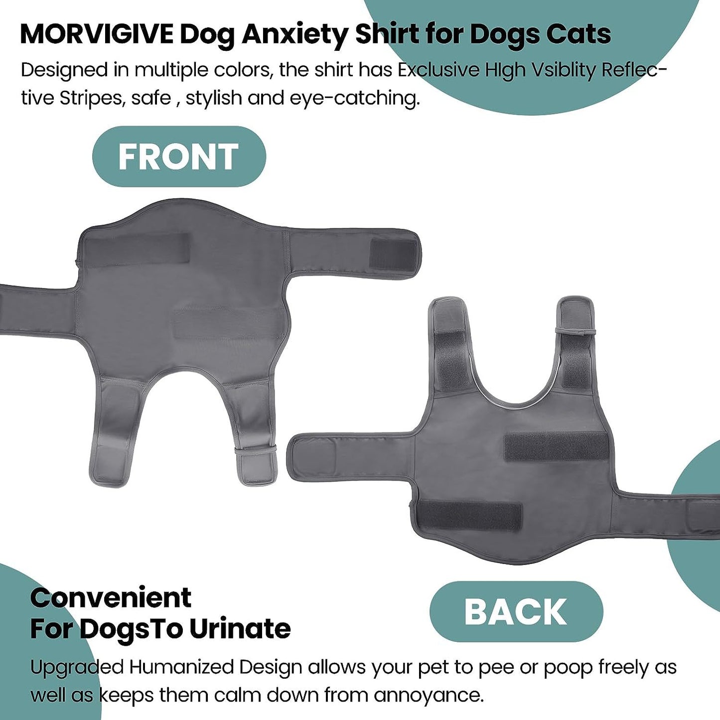 Dark gray dog anxiety vest front and back design with neck strap and leg openings