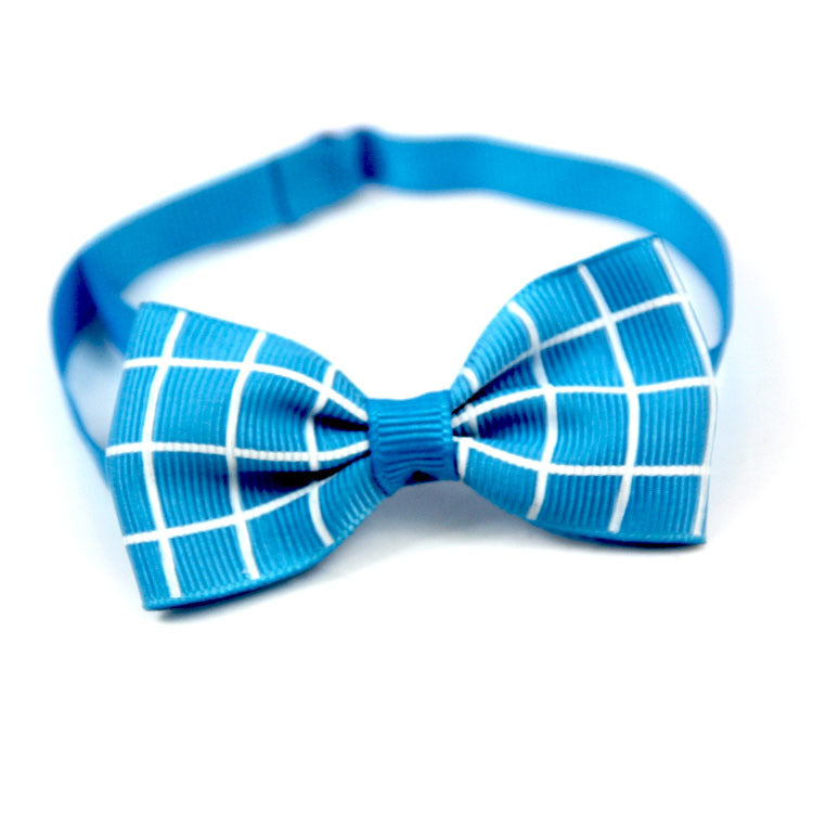 Plaid bow pet scarf accessory with blue strap and white grid check bow