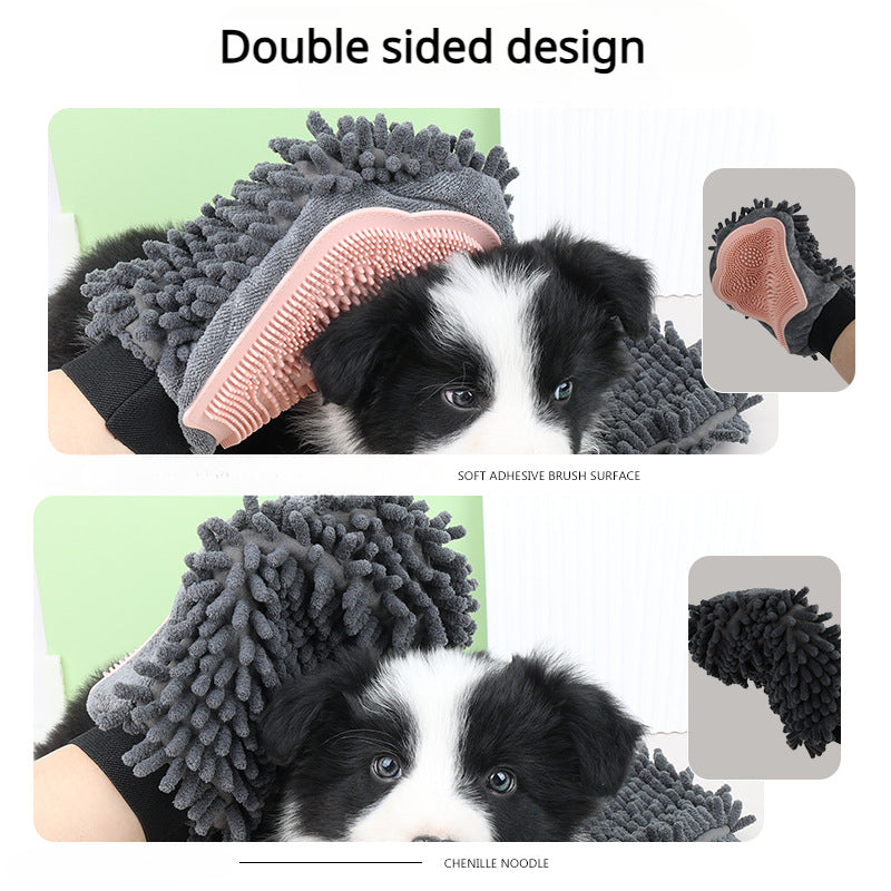 Pet grooming glove, double-sided with pink silicone bristles and gray chenille noodles
