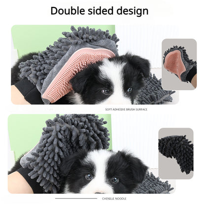 Pet grooming glove, double-sided with pink silicone bristles and gray chenille noodles
