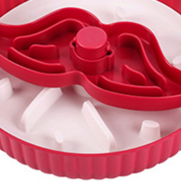 Red rotating pet food basin with anti-choke silica gel pad and raised maze channels