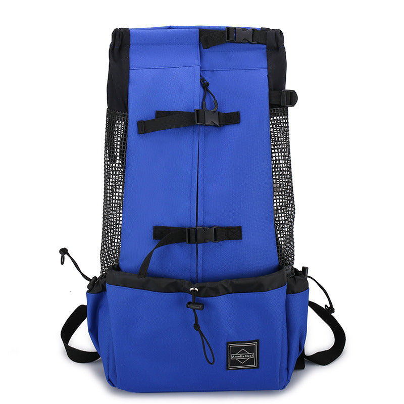 Petcare dog carrier backpack, blue, front harness strap and mesh side panels