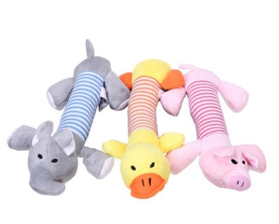 Funny dog squeak plush toy set with gray, yellow, and pink striped animals