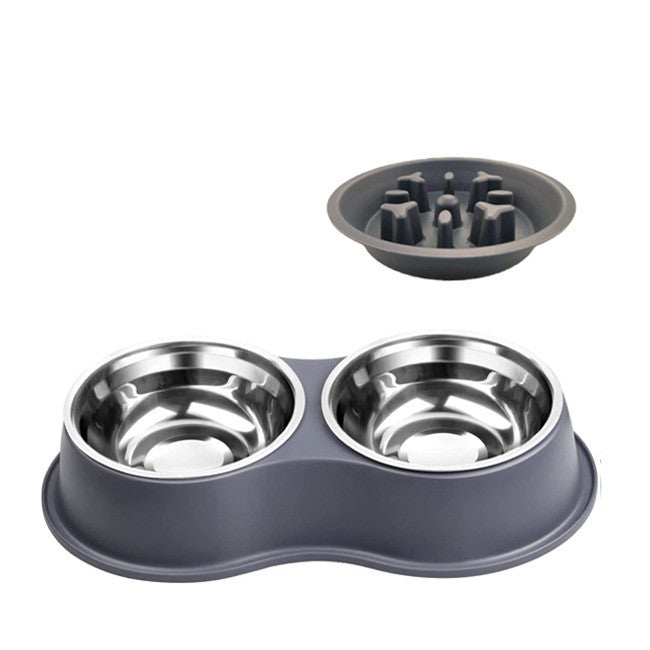 Gray slow-feeding pet bowl: two stainless steel bowls with maze insert