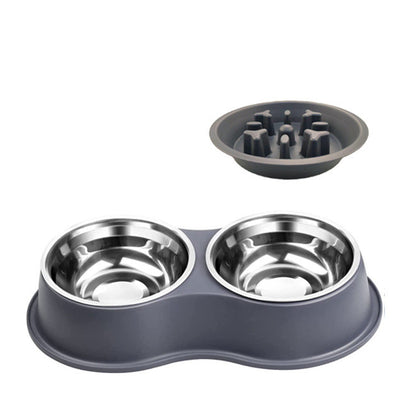 Gray slow-feeding pet bowl: two stainless steel bowls with maze insert