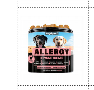 Allergy immune treats dog supplement tub with pink “IMMUNE TREATS” label