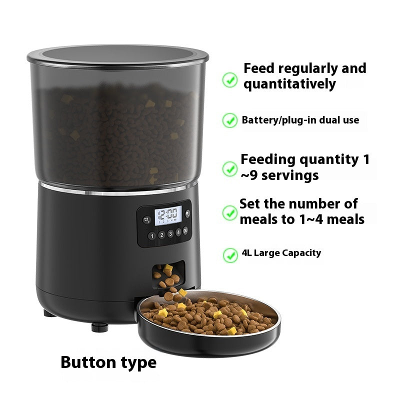 Automatic pet feeder 4L, black body with LCD display and front feeding bowl