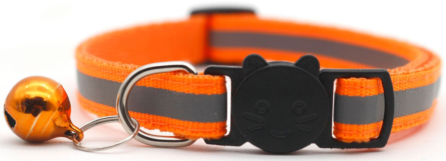 Orange reflective pet safety collar with detachable buckle and bell