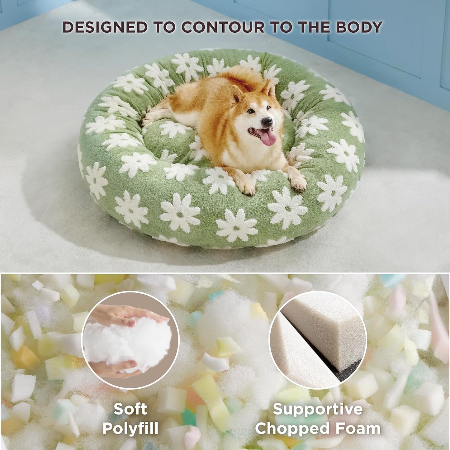 Green round donut pet bed with white flower pattern, plush cushioned center